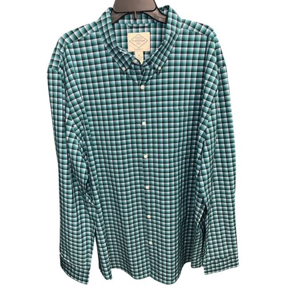St Johns Bay XXL Shirt Teal Blue Plaid Lightweight Classic Fit Quick Dry Breaths